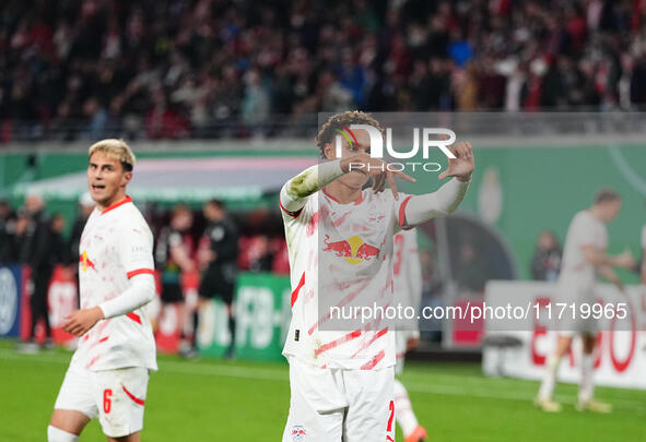 Antonio Nusa of Leipzig celebrates the teams fourth goal during the DFB Cup  Second Round match between RB Leipzig and FC St. Pauli at Red B...