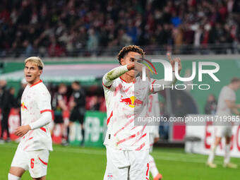 Antonio Nusa of Leipzig celebrates the teams fourth goal during the DFB Cup  Second Round match between RB Leipzig and FC St. Pauli at Red B...