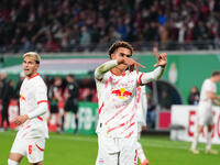 Antonio Nusa of Leipzig celebrates the teams fourth goal during the DFB Cup  Second Round match between RB Leipzig and FC St. Pauli at Red B...