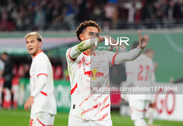 Antonio Nusa of Leipzig celebrates the teams fourth goal during the DFB Cup  Second Round match between RB Leipzig and FC St. Pauli at Red B...