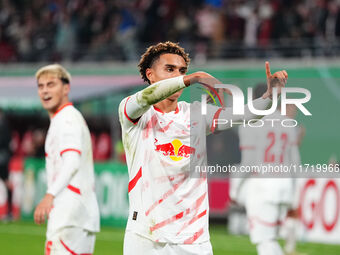 Antonio Nusa of Leipzig celebrates the teams fourth goal during the DFB Cup  Second Round match between RB Leipzig and FC St. Pauli at Red B...