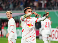 Antonio Nusa of Leipzig celebrates the teams fourth goal during the DFB Cup  Second Round match between RB Leipzig and FC St. Pauli at Red B...