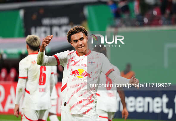 Antonio Nusa of Leipzig celebrates the teams fourth goal during the DFB Cup  Second Round match between RB Leipzig and FC St. Pauli at Red B...