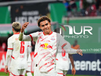 Antonio Nusa of Leipzig celebrates the teams fourth goal during the DFB Cup  Second Round match between RB Leipzig and FC St. Pauli at Red B...