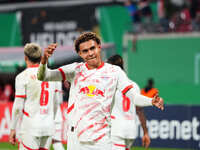 Antonio Nusa of Leipzig celebrates the teams fourth goal during the DFB Cup  Second Round match between RB Leipzig and FC St. Pauli at Red B...