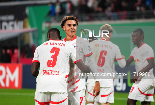 Antonio Nusa of Leipzig celebrates the teams fourth goal during the DFB Cup  Second Round match between RB Leipzig and FC St. Pauli at Red B...