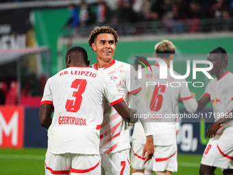 Antonio Nusa of Leipzig celebrates the teams fourth goal during the DFB Cup  Second Round match between RB Leipzig and FC St. Pauli at Red B...