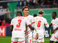 Antonio Nusa of Leipzig celebrates the teams fourth goal during the DFB Cup  Second Round match between RB Leipzig and FC St. Pauli at Red B...