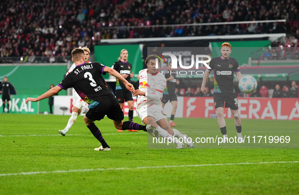 Antonio Nusa of Leipzig celebrates the teams fourth goal during the DFB Cup  Second Round match between RB Leipzig and FC St. Pauli at Red B...