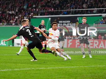 Antonio Nusa of Leipzig celebrates the teams fourth goal during the DFB Cup  Second Round match between RB Leipzig and FC St. Pauli at Red B...