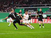 Antonio Nusa of Leipzig celebrates the teams fourth goal during the DFB Cup  Second Round match between RB Leipzig and FC St. Pauli at Red B...