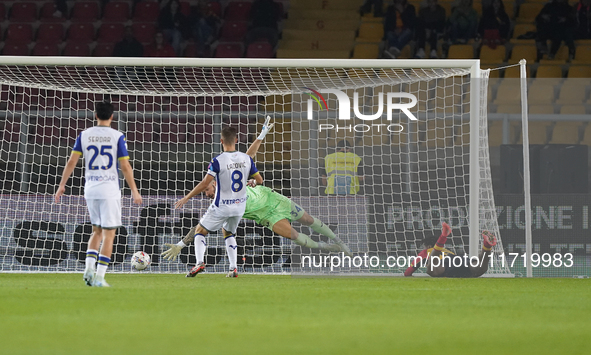 Patrick Dorgu of US Lecce scores a goal during the Serie A match between Lecce and Verona in Lecce, Italy, on October 29, 2024. 