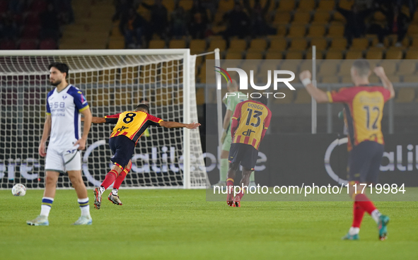 Patrick Dorgu of US Lecce celebrates a goal during the Serie A match between Lecce and Verona in Lecce, Italy, on October 29, 2024. 