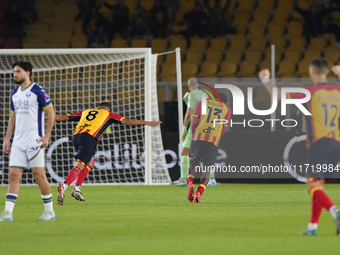 Patrick Dorgu of US Lecce celebrates a goal during the Serie A match between Lecce and Verona in Lecce, Italy, on October 29, 2024. (