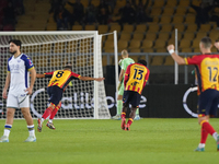 Patrick Dorgu of US Lecce celebrates a goal during the Serie A match between Lecce and Verona in Lecce, Italy, on October 29, 2024. (