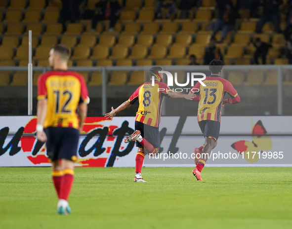 Patrick Dorgu of US Lecce celebrates a goal during the Serie A match between Lecce and Verona in Lecce, Italy, on October 29, 2024. 