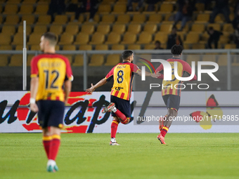 Patrick Dorgu of US Lecce celebrates a goal during the Serie A match between Lecce and Verona in Lecce, Italy, on October 29, 2024. (