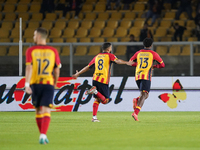 Patrick Dorgu of US Lecce celebrates a goal during the Serie A match between Lecce and Verona in Lecce, Italy, on October 29, 2024. (