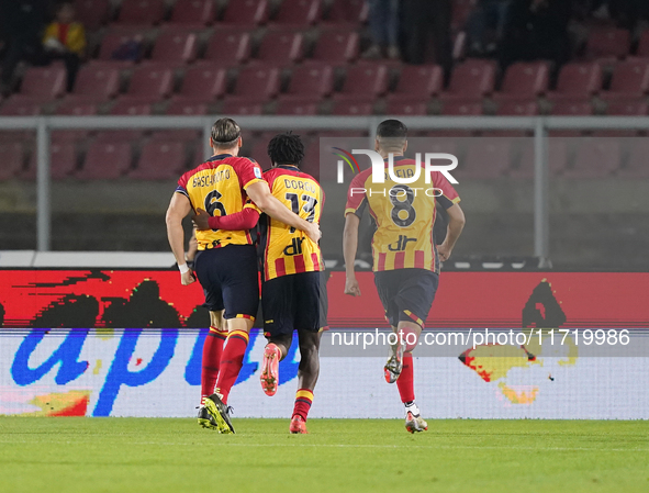 Patrick Dorgu of US Lecce celebrates a goal during the Serie A match between Lecce and Verona in Lecce, Italy, on October 29, 2024. 