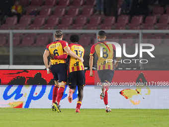 Patrick Dorgu of US Lecce celebrates a goal during the Serie A match between Lecce and Verona in Lecce, Italy, on October 29, 2024. (