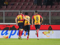 Patrick Dorgu of US Lecce celebrates a goal during the Serie A match between Lecce and Verona in Lecce, Italy, on October 29, 2024. (