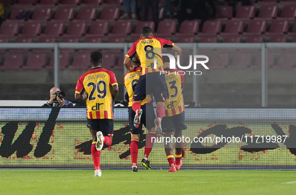 Patrick Dorgu of US Lecce celebrates a goal during the Serie A match between Lecce and Verona in Lecce, Italy, on October 29, 2024. 