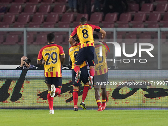 Patrick Dorgu of US Lecce celebrates a goal during the Serie A match between Lecce and Verona in Lecce, Italy, on October 29, 2024. (