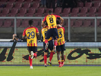 Patrick Dorgu of US Lecce celebrates a goal during the Serie A match between Lecce and Verona in Lecce, Italy, on October 29, 2024. (