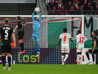 Maarten Vandevoordt of Leipzig controls the ball during the DFB Cup  Second Round match between RB Leipzig and FC St. Pauli at Red Bull aren...