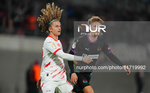 Viggo Gebel of Leipzig looks on during the DFB Cup  Second Round match between RB Leipzig and FC St. Pauli at Red Bull arena, Leipzig, Germa...