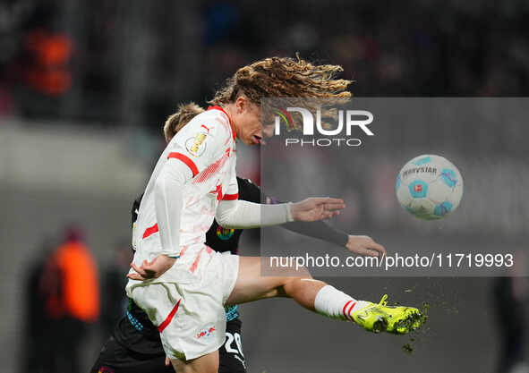 Viggo Gebel of Leipzig controls the ball during the DFB Cup  Second Round match between RB Leipzig and FC St. Pauli at Red Bull arena, Leipz...