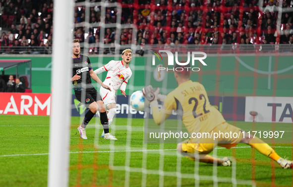 Eljif Elmas of Leipzig shoots on goal during the DFB Cup  Second Round match between RB Leipzig and FC St. Pauli at Red Bull arena, Leipzig,...