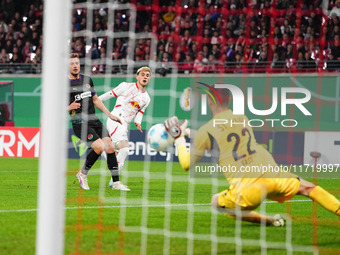 Eljif Elmas of Leipzig shoots on goal during the DFB Cup  Second Round match between RB Leipzig and FC St. Pauli at Red Bull arena, Leipzig,...