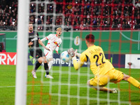 Eljif Elmas of Leipzig shoots on goal during the DFB Cup  Second Round match between RB Leipzig and FC St. Pauli at Red Bull arena, Leipzig,...