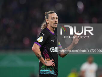 Jackson Irvine of FC St. Pauli looks on during the DFB Cup  Second Round match between RB Leipzig and FC St. Pauli at Red Bull arena, Leipzi...