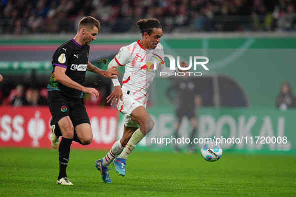 Yussuf Poulsen of Leipzig controls the ball during the DFB Cup  Second Round match between RB Leipzig and FC St. Pauli at Red Bull arena, Le...