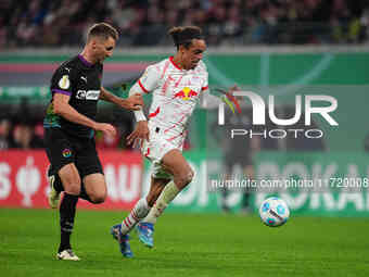 Yussuf Poulsen of Leipzig controls the ball during the DFB Cup  Second Round match between RB Leipzig and FC St. Pauli at Red Bull arena, Le...