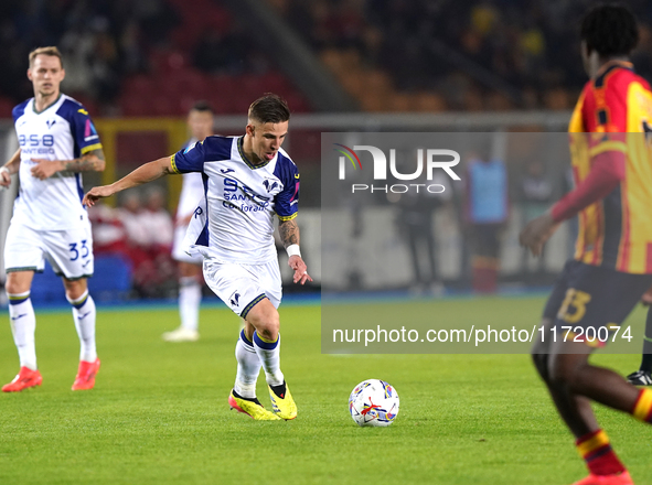 Tomas Suslov of Hellas Verona is in action during the Serie A match between Lecce and Verona in Lecce, Italy, on October 29, 2024. 