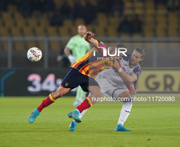 Nikola Krstovic of US Lecce is in action during the Serie A match between Lecce and Verona in Lecce, Italy, on October 29, 2024. 