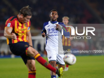 Daniel Mosquera of Hellas Verona is in action during the Serie A match between Lecce and Verona in Lecce, Italy, on October 29, 2024. (