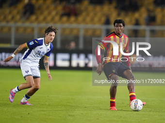 Patrick Dorgu of US Lecce is in action during the Serie A match between Lecce and Verona in Lecce, Italy, on October 29, 2024. (