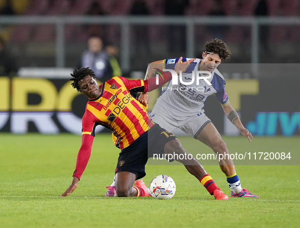 Patrick Dorgu of US Lecce is in action during the Serie A match between Lecce and Verona in Lecce, Italy, on October 29, 2024. 