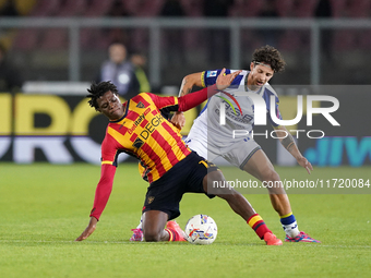 Patrick Dorgu of US Lecce is in action during the Serie A match between Lecce and Verona in Lecce, Italy, on October 29, 2024. (