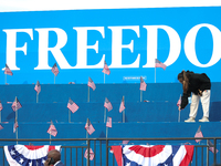 Volunteers make final preparations for a campaign rally for Vice President Kamala Harris on the Ellipse in Washington, D.C. on October 29, 2...