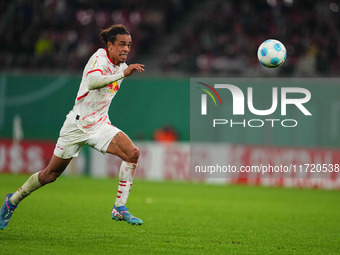 Yussuf Poulsen of Leipzig controls the ball during the DFB Cup  Second Round match between RB Leipzig and FC St. Pauli at Red Bull arena, Le...