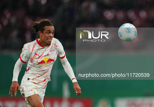 Yussuf Poulsen of Leipzig controls the ball during the DFB Cup  Second Round match between RB Leipzig and FC St. Pauli at Red Bull arena, Le...