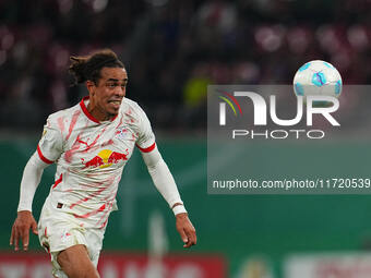 Yussuf Poulsen of Leipzig controls the ball during the DFB Cup  Second Round match between RB Leipzig and FC St. Pauli at Red Bull arena, Le...