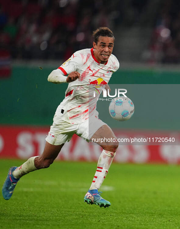 Yussuf Poulsen of Leipzig controls the ball during the DFB Cup  Second Round match between RB Leipzig and FC St. Pauli at Red Bull arena, Le...