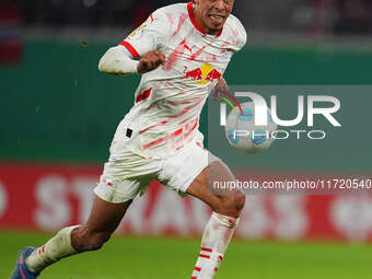 Yussuf Poulsen of Leipzig controls the ball during the DFB Cup  Second Round match between RB Leipzig and FC St. Pauli at Red Bull arena, Le...