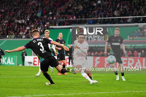 Antonio Nusa of Leipzig scores the teams fourth goal during the DFB Cup  Second Round match between RB Leipzig and FC St. Pauli at Red Bull...